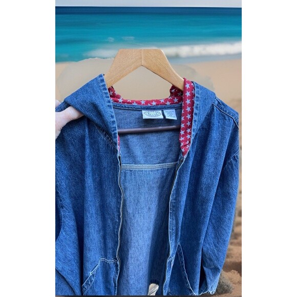 Carolina Blues Plus Blue Denim Zip Hooded Jacket Red White Stars Cotton Lady18W - Picture 1 of 14